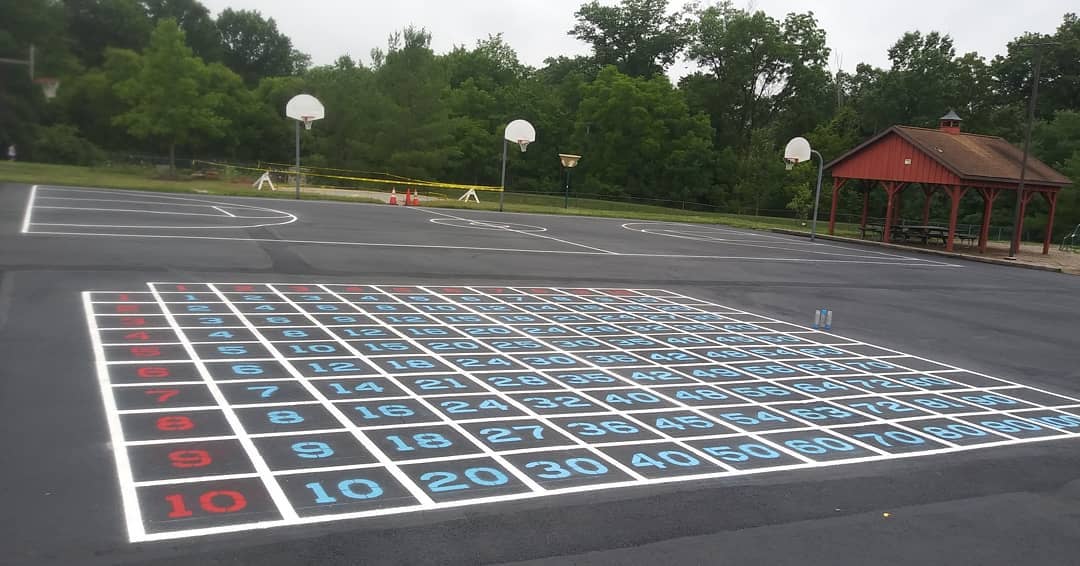 Multiplication table stencil painted on an elementary school playground